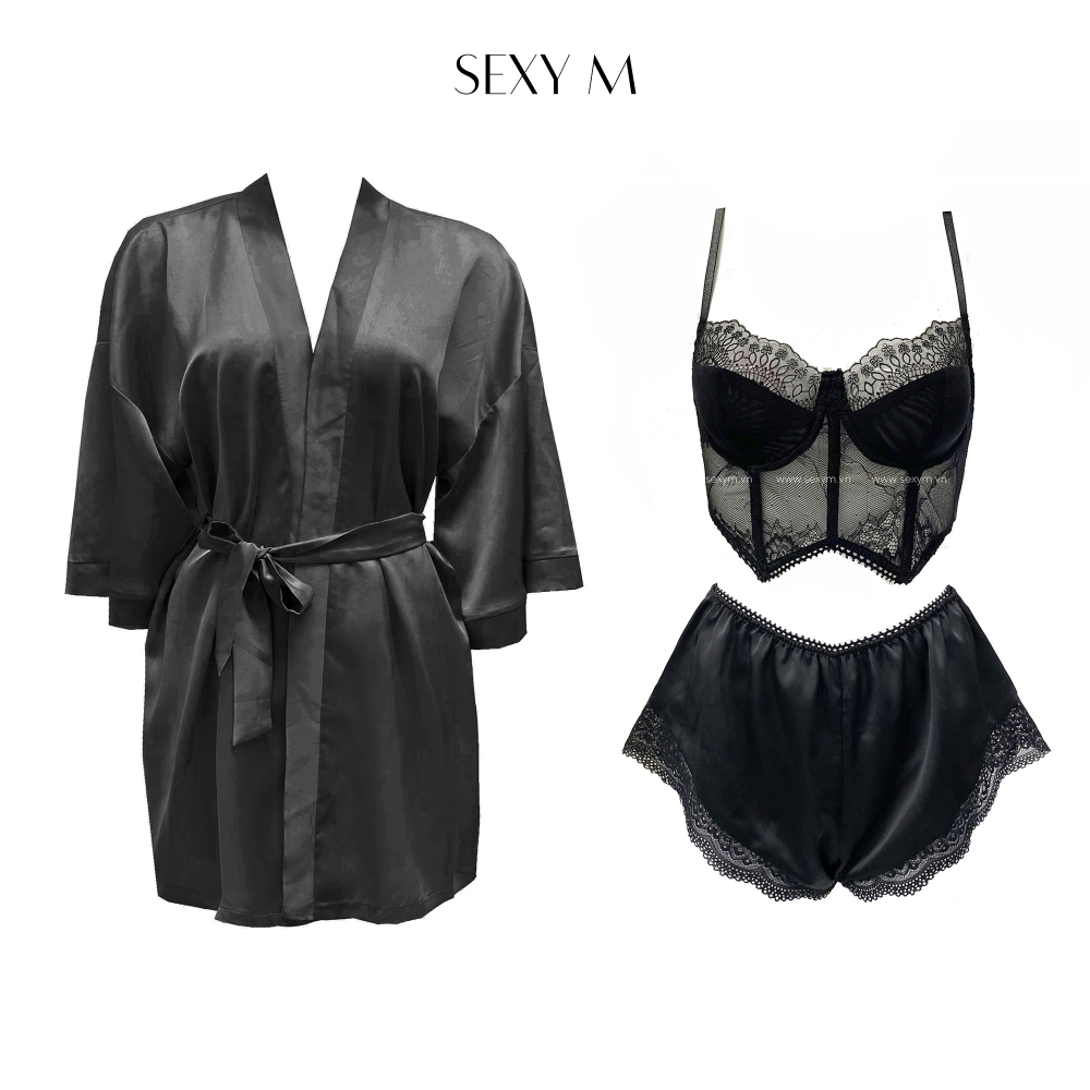 slqn03 set áo choàng lụa quần đùi áo croptop ren